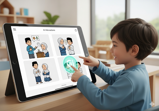 Gambar 2. Sebuah aplikasi AI interaktif di tablet dengan antarmuka ramah anak