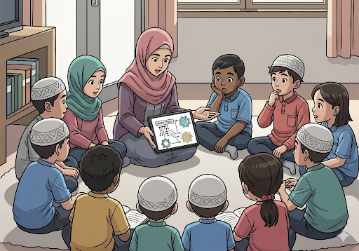 Gambar 2. Sekelompok anak-anak yang beragam (usia PAUD, TK, SD) duduk melingkar
