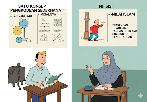 Gambar 2. Seorang guru Muslimah menjelaskan hubungan antara konsep koding dan nilai-nilai Islam di ruang kelas yang cerah