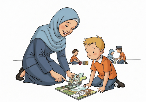 Gambar 2. Seorang guru sedang berlutut setinggi mata dengan seorang anak laki-laki