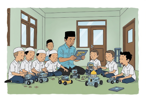 Gambar 3. Anak-anak Muslim Indonesia yang ceria sedang bermain dengan robot koding yang dipandu oleh guru mereka