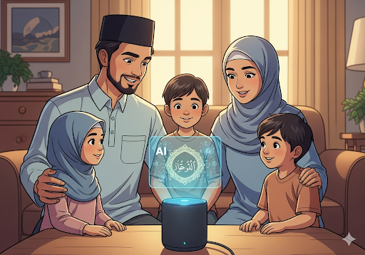 Gambar 3. Sebuah keluarga Muslim Indonesia berkumpul di sekitar smart speaker yang bersinar