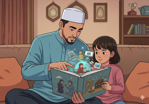 Gambar 3. Seorang ayah sedang duduk bersama anaknya (sekitar 6 tahun) di sofa yang nyaman