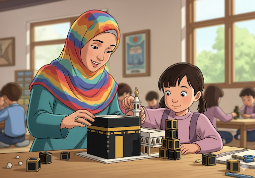 Gambar 3. Seorang guru membantu seorang gadis kecil Indonesia membangun miniatur Kabah