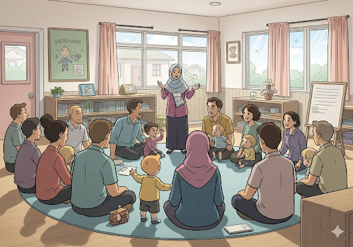 Gambar 4. Sekelompok orang tua dan anak-anak yang beragam berkumpul di sebuah ruangan