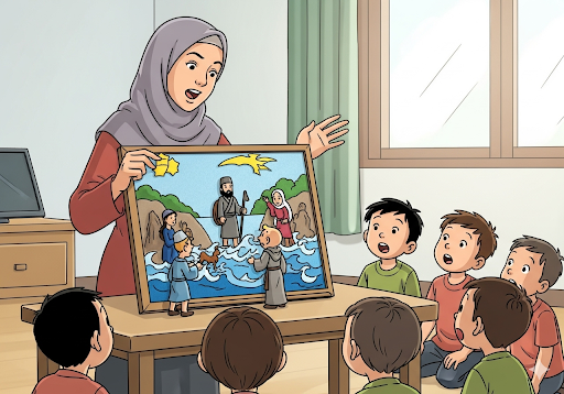 Gambar 4. Seorang guru dengan bersemangat menceritakan sebuah kisah menggunakan gambar-gambar flanel warna-warni di papan flanel