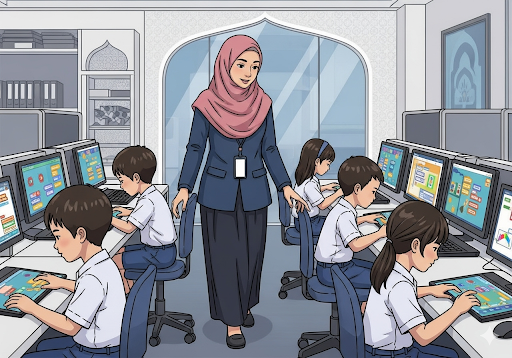 Gambar 4. Seorang guru sedang memimpin kelas siswa muda di laboratorium komputer