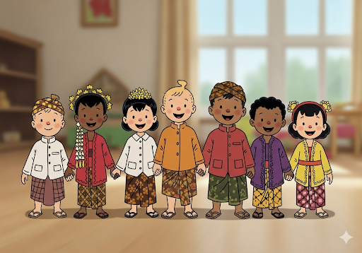 Gambar 5. Sekelompok anak-anak Indonesia yang beragam, mengenakan pakaian tradisional Indonesia