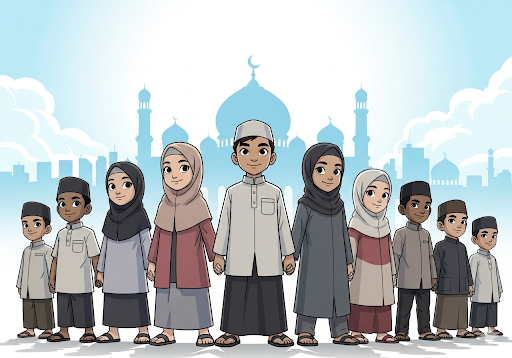 Gambar 5. Sekelompok anak-anak Muslim Indonesia yang beragam berdiri dengan percaya diri