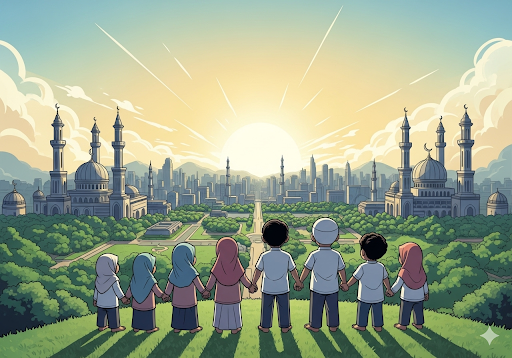 Gambar 5. Sekelompok anak-anak yang percaya diri dan gembira sedang berdiri di sebuah bukit yang menghadap ke kota futuristik