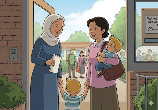 Gambar 5. Seorang guru sedang bercakap-cakap hangat dengan seorang ibu di pintu masuk penitipan anak